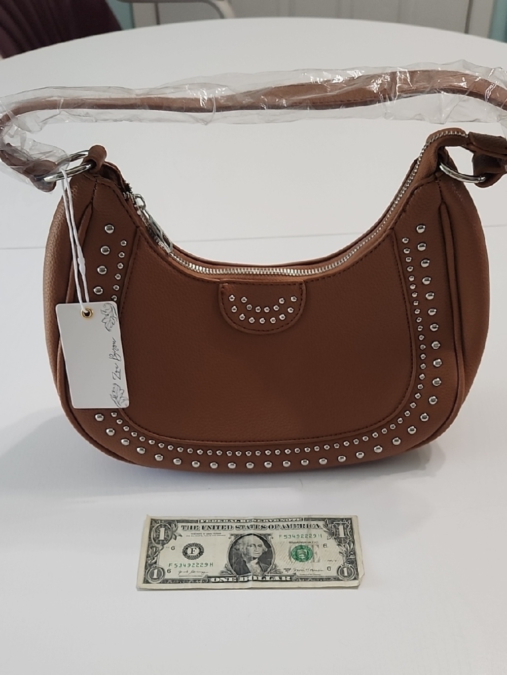 Studded Cognac Color Shoulder Bag - Women's Handbag